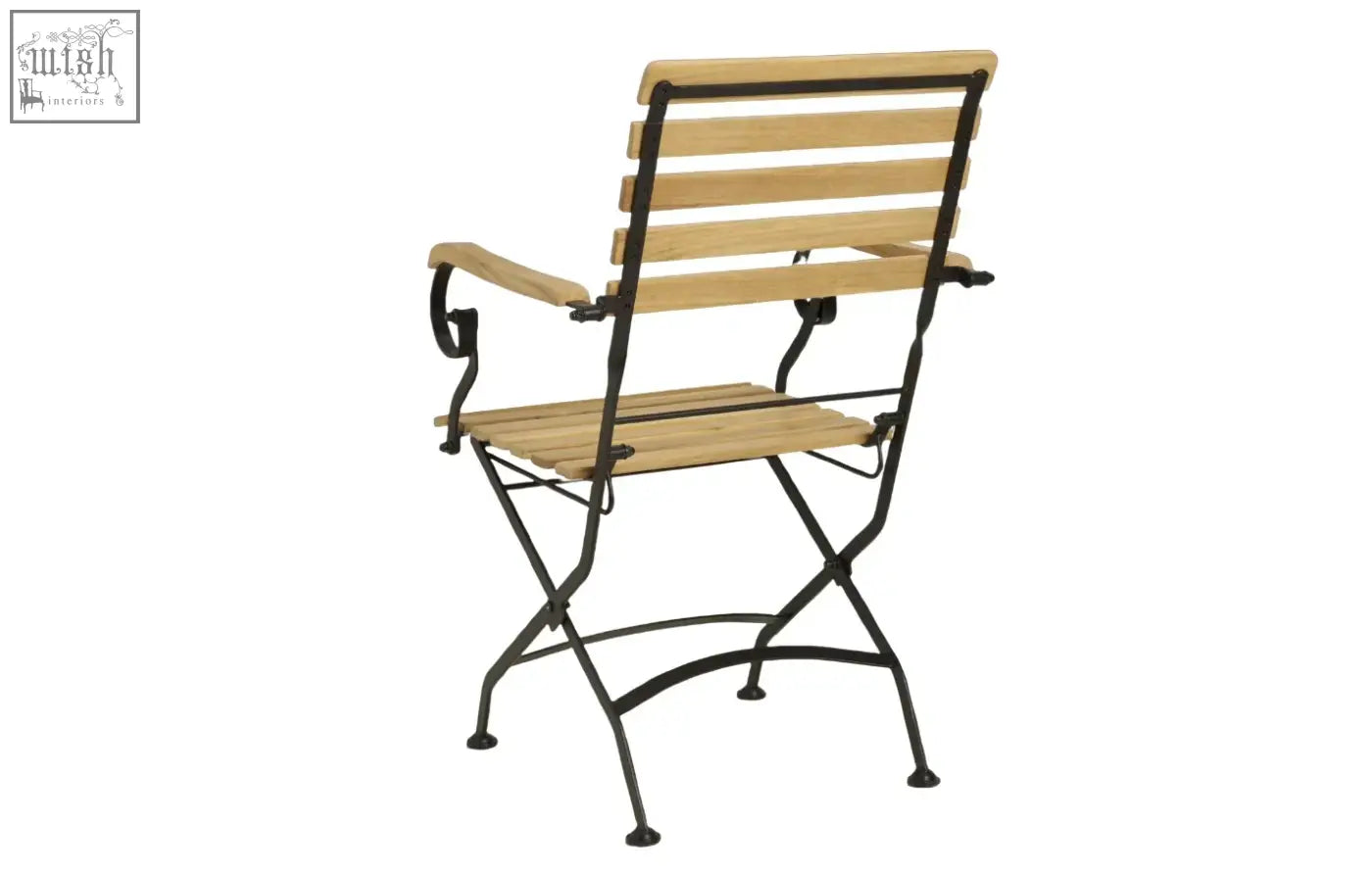 A light wood slat chair with black wrought iron frame and curved armrests from the sicily 4 seater grade ab teak dining set