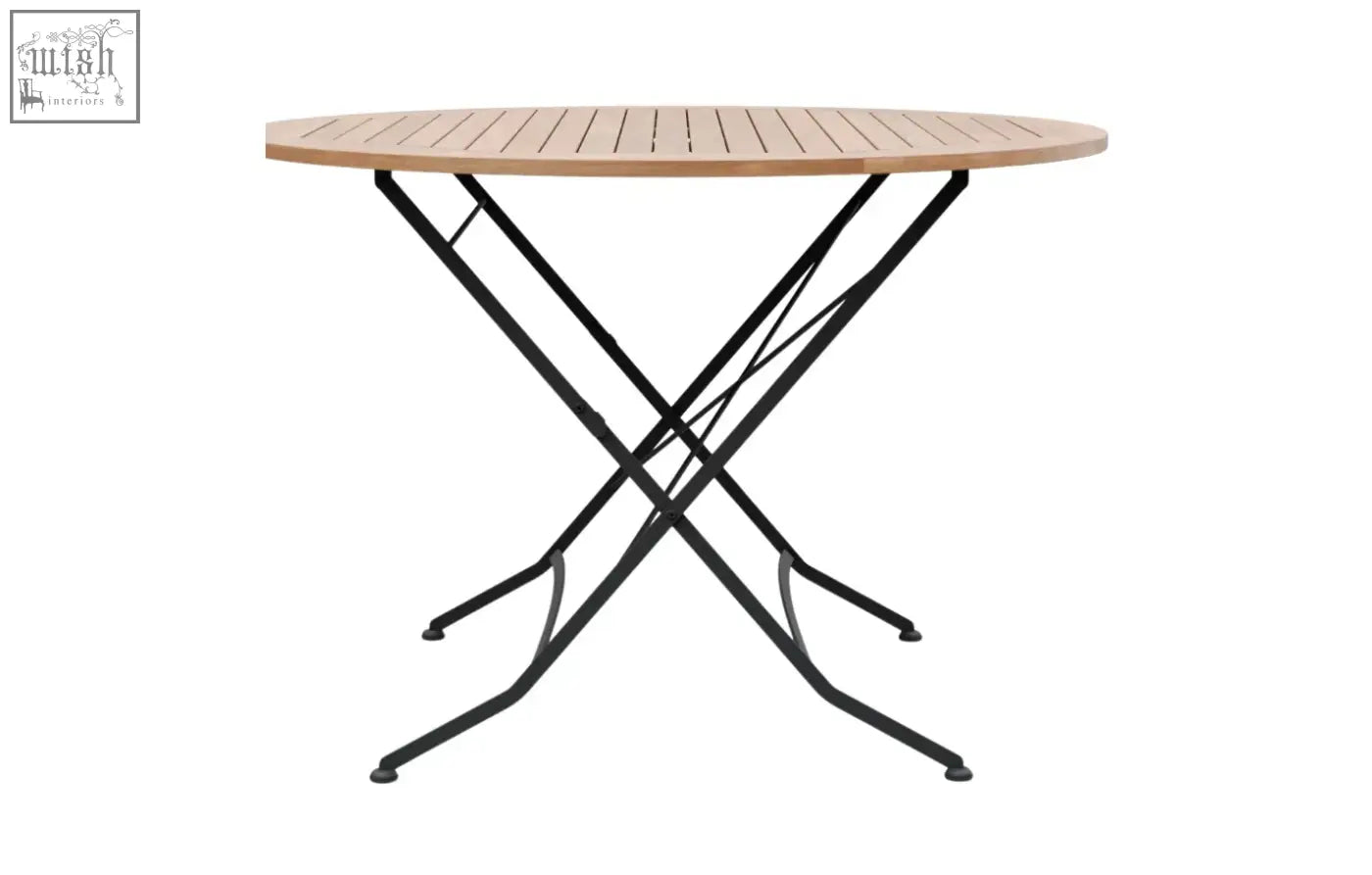 Round wooden table with black metal folding legs in sicily 4 seater dining set made of grade ab teak and wrought iron