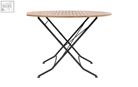 Round wooden table with black metal folding legs in sicily 4 seater dining set made of grade ab teak and wrought iron