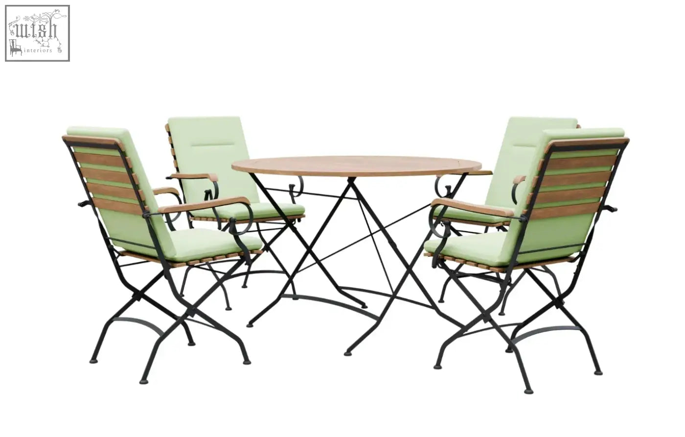 Set of four folding patio chairs with light green cushions and grade ab teak slats for sicily 4 seater dining set