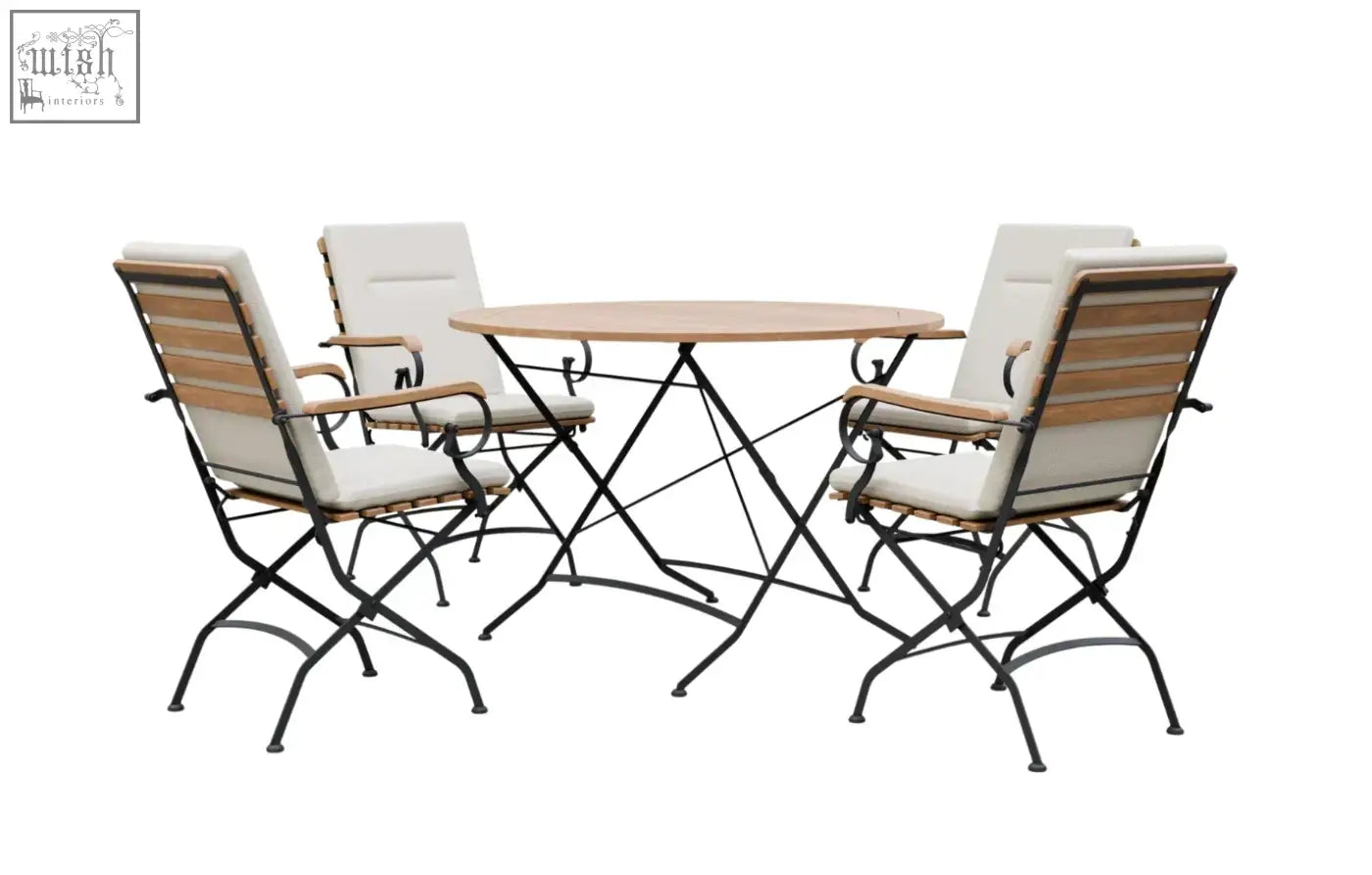 Black metal folding patio dining set with round grade ab teak top and matching chairs with white cushions