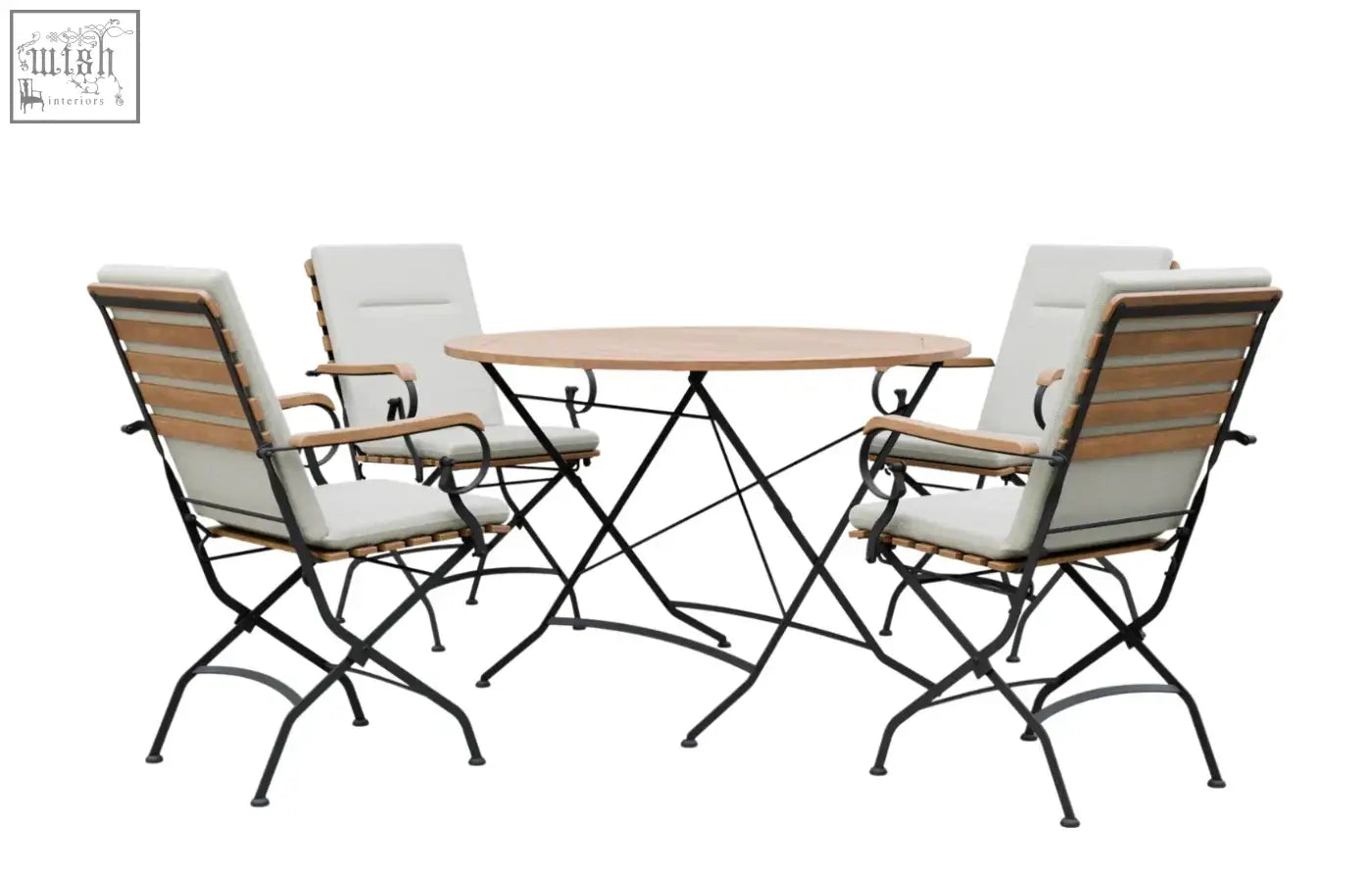 Black metal folding patio dining set with grade ab teak light wood top and white cushioned slatted chairs 4 seater