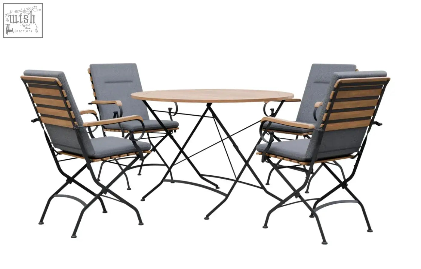 Black metal frame dining set with grade ab teak wooden slats and gray cushions on a round 4 seater dining set table