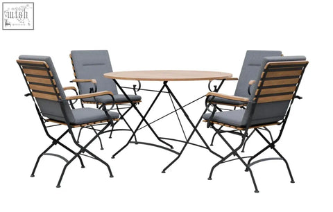 Black metal frame dining set with grade ab teak wooden slats and gray cushions on a round 4 seater dining set table