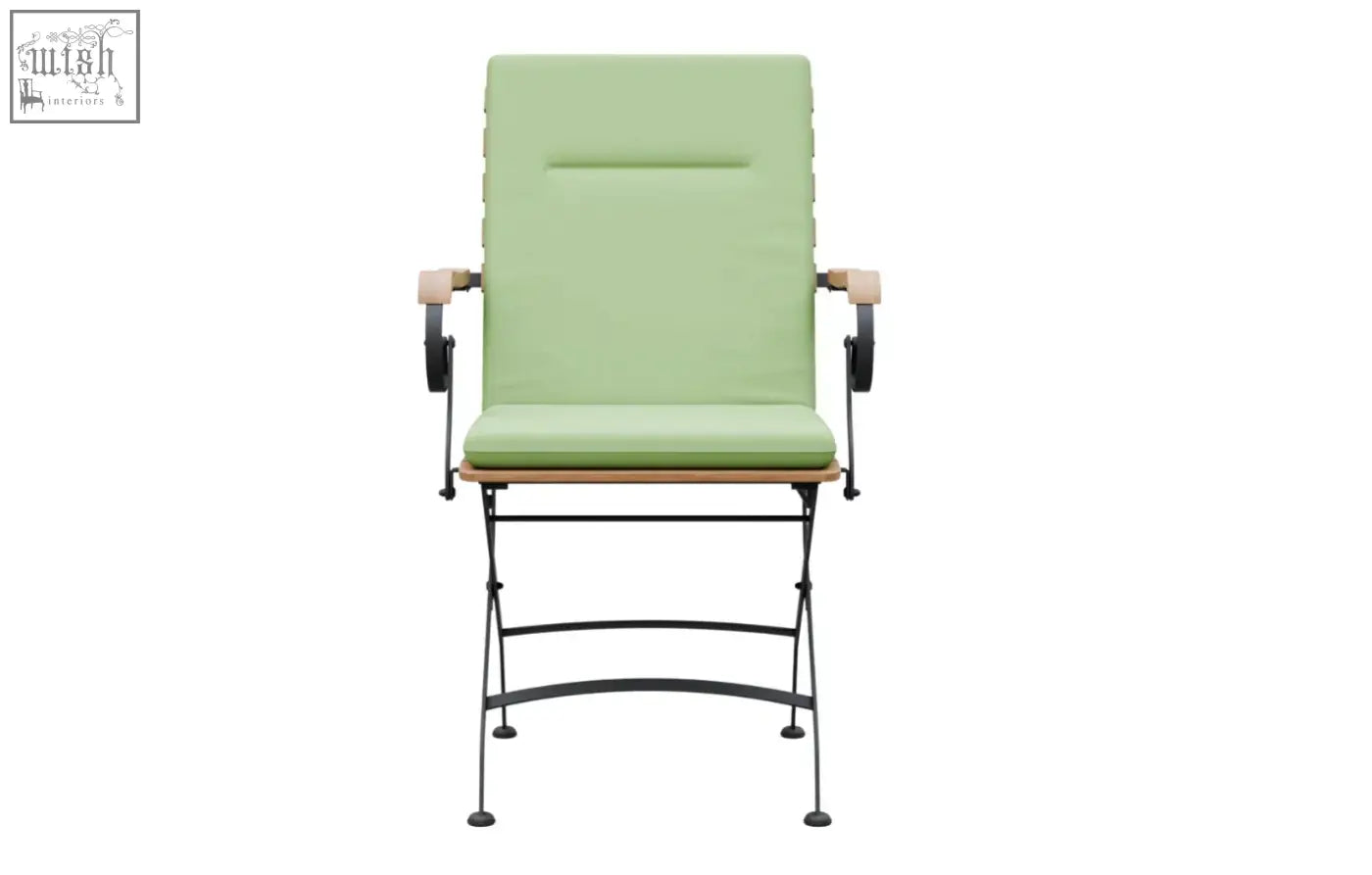 Light green cushioned folding chair with wooden armrests in sicily 4 seater dining set with grade ab teak and wrought iron frame