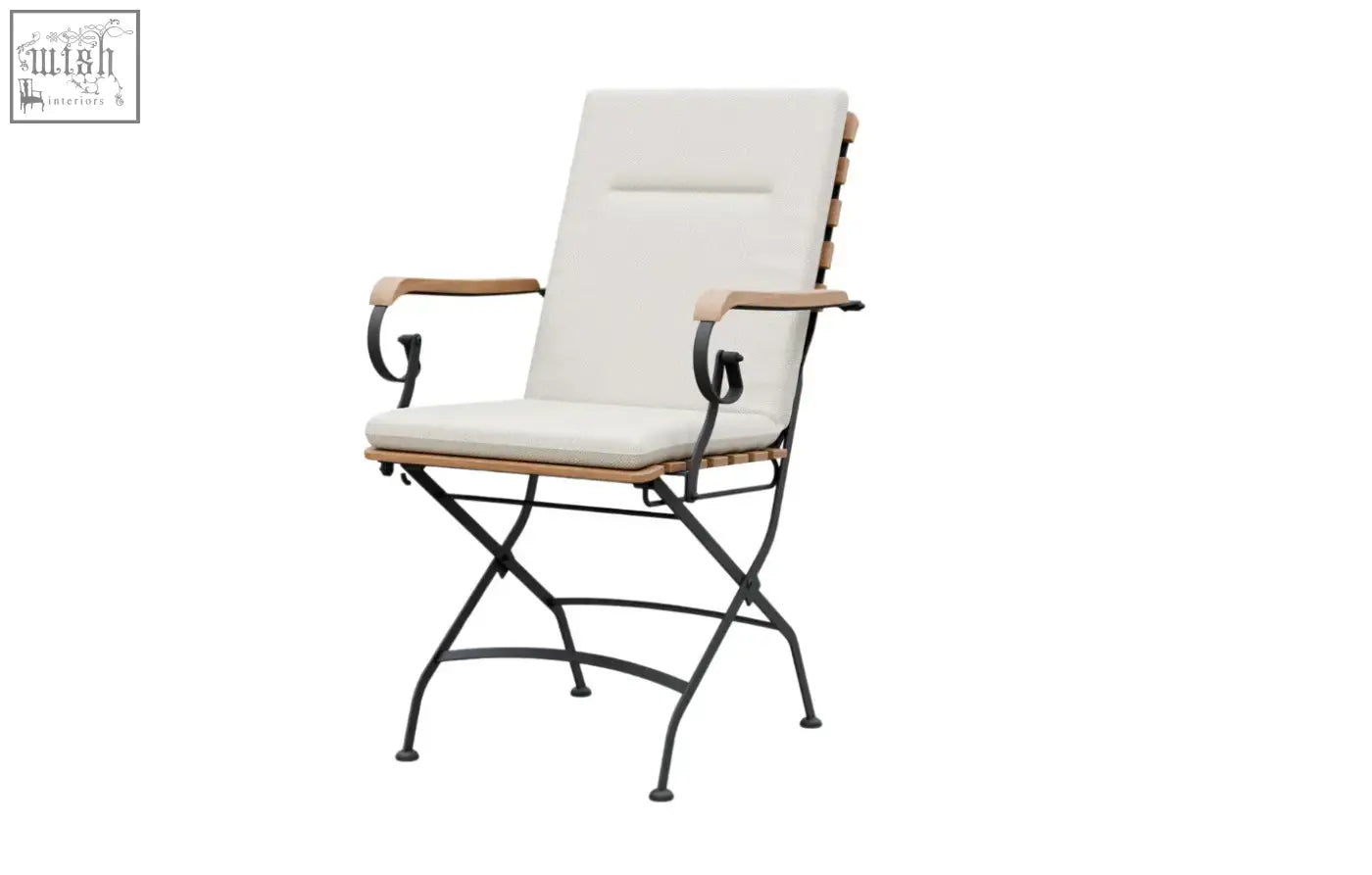 Beige cushioned armchair with black wrought iron frame and light wood accents from sicily 4 seater dining set with grade ab teak