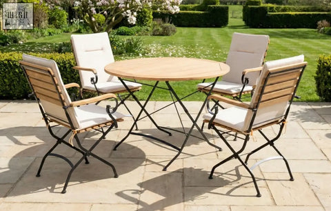 Round wooden dining set with grade ab teak top black metal legs folding design and matching chairs for garden use