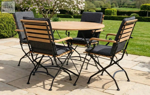 Round 4 seater dining set with grade ab teak tabletop and black wrought iron frame with dark gray fabric seats