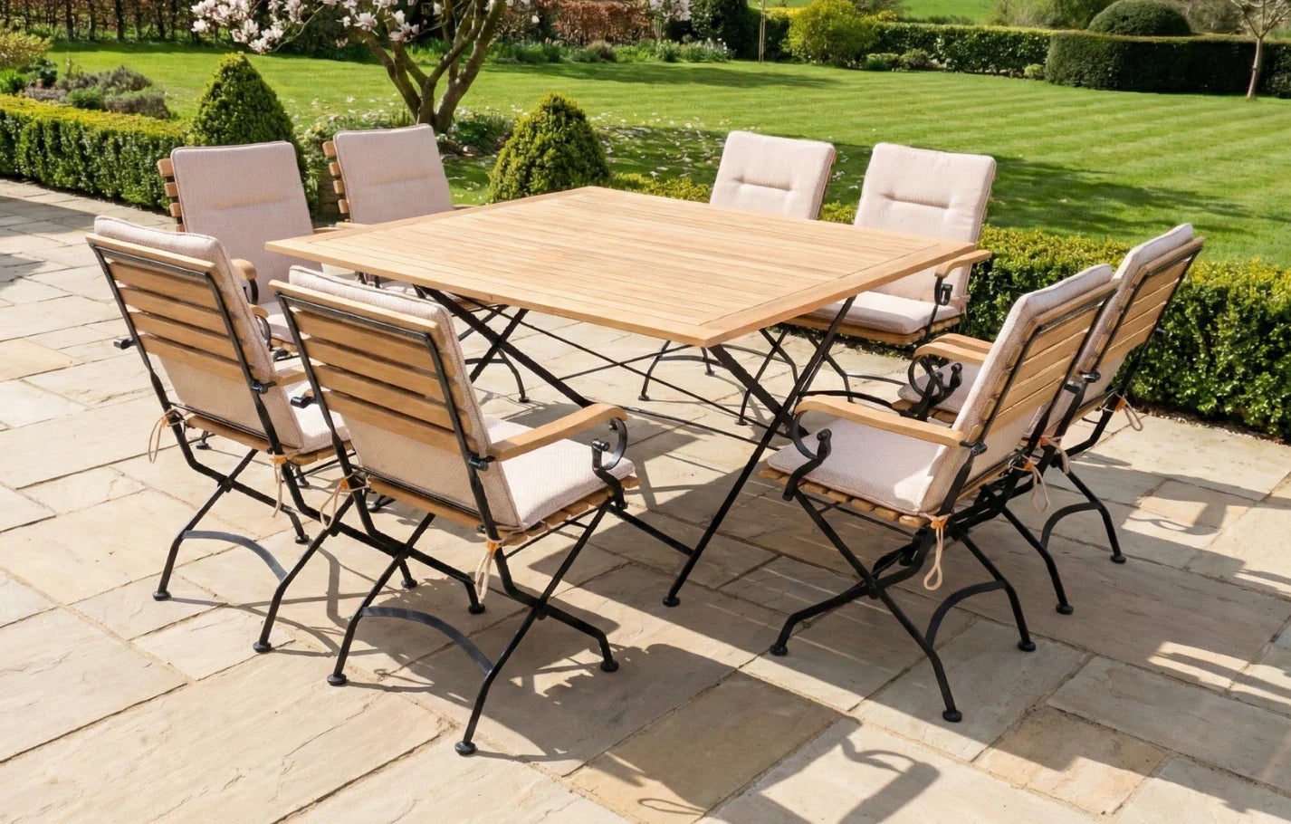 Sicily 8 Seater Teak and Wrought Iron Square 140cm Garden Dining Set