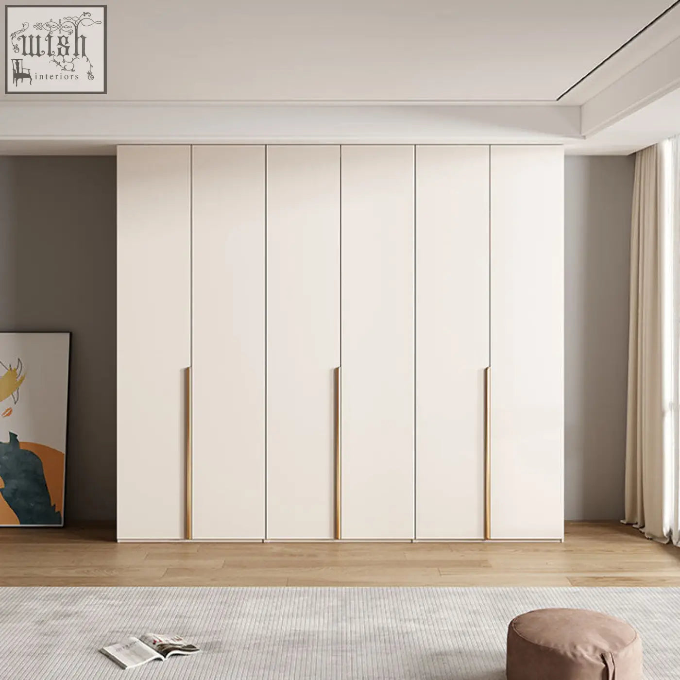 Modern minimalist sid wardrobe in creamy white with five sleek doors and gold-tone vertical handles