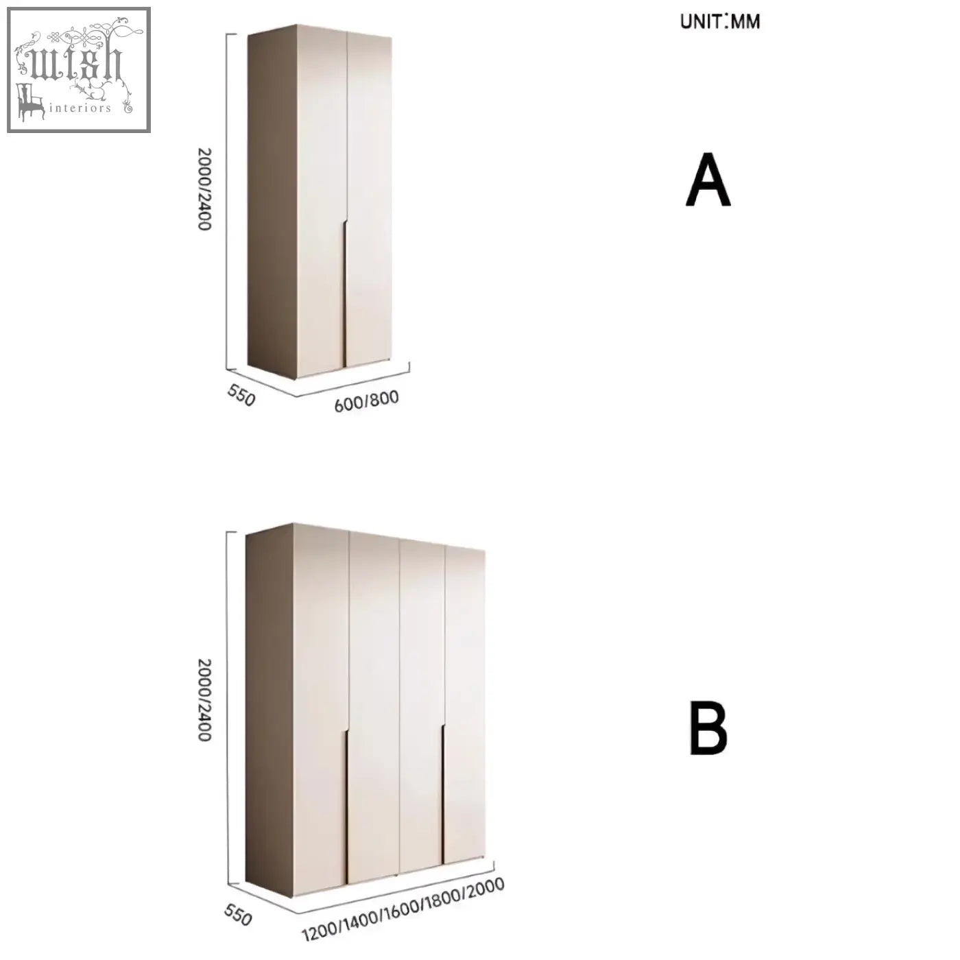 Modern minimalist sid wardrobe creamy white with two or four doors and sleek beige finish with vertical handles