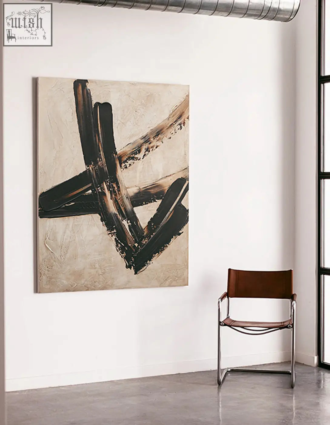 Abstract siegmund wall art painting with bold black and beige brushstrokes on textured off-white background with low shipping cost
