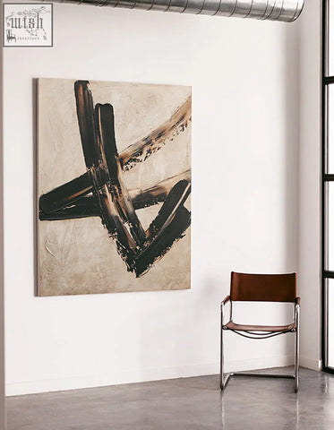 Abstract siegmund wall art painting with bold black and beige brushstrokes on textured off-white background with low shipping cost