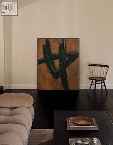 Siegmund wall art painting features bold dark green brushstrokes on a textured tan background with low shipping cost