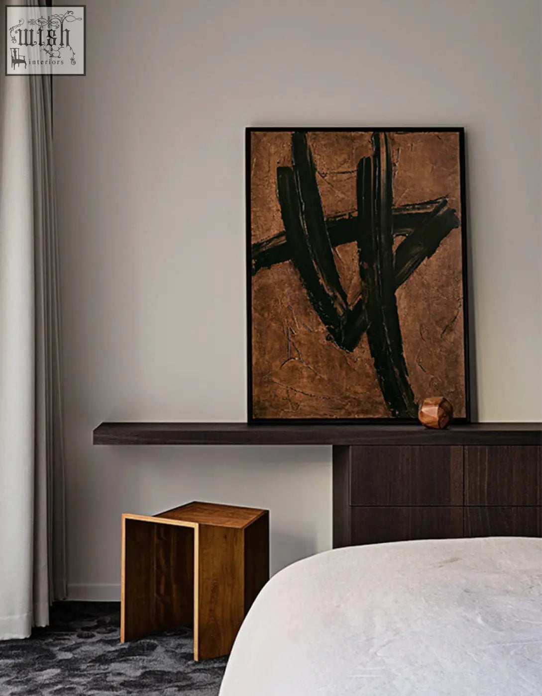 A siegmund wall art painting with bold black brushstrokes on textured copper in a sleek dark frame with low shipping cost