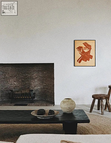 A textured off-white ceramic vase with rounded body on dark wood table featured in siegmund wall art painting shipping cost info