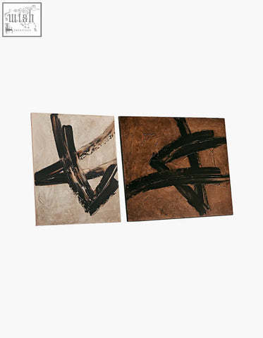 Two siegmund wall art paintings featuring bold black brushstrokes on textured beige and brown canvas with low shipping cost