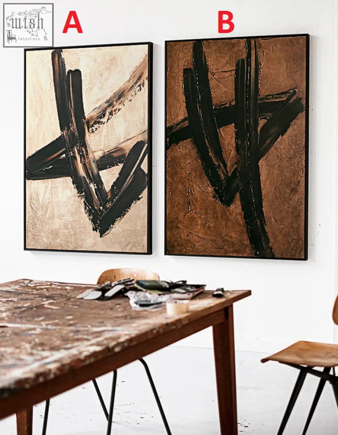Two siegmund wall art paintings featuring bold black brushstrokes on beige and brown backgrounds in black frames with low shipping cost