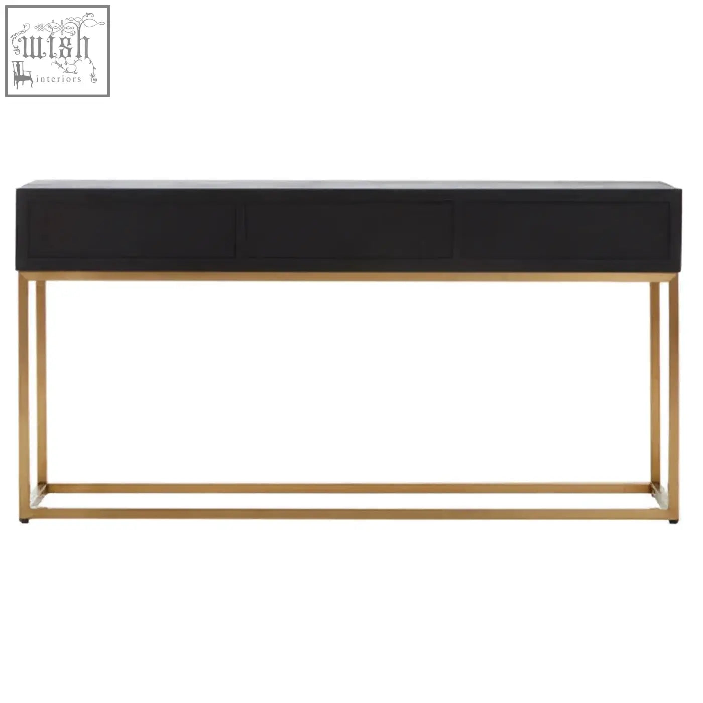 Black leather siena console table with gold console legs and geometric brass details in a sleek modern design