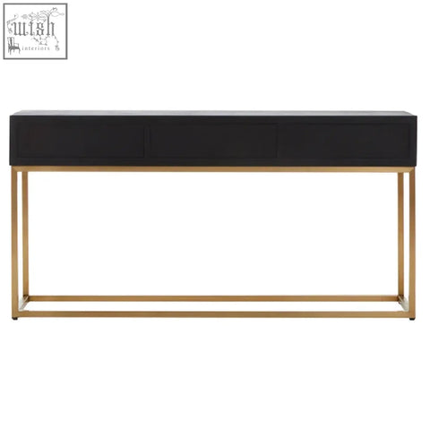 Black leather siena console table with gold console legs and geometric brass details in a sleek modern design