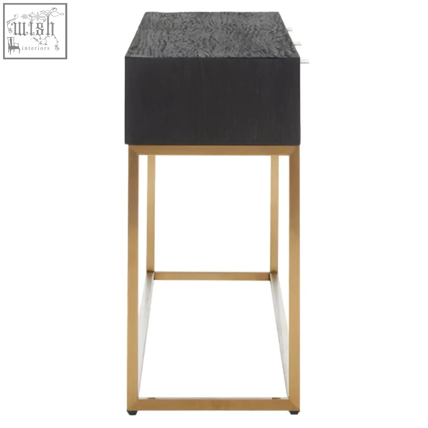 Black siena console table with textured top and geometric brass gold console legs for stylish entryways
