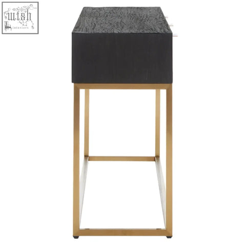 Black siena console table with textured top and geometric brass gold console legs for stylish entryways