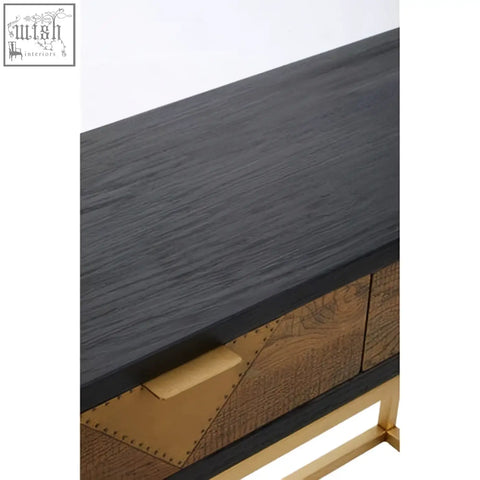 Siena console table with dark wood grain top, gold console geometric brass paneling, and brass legs for stylish storage