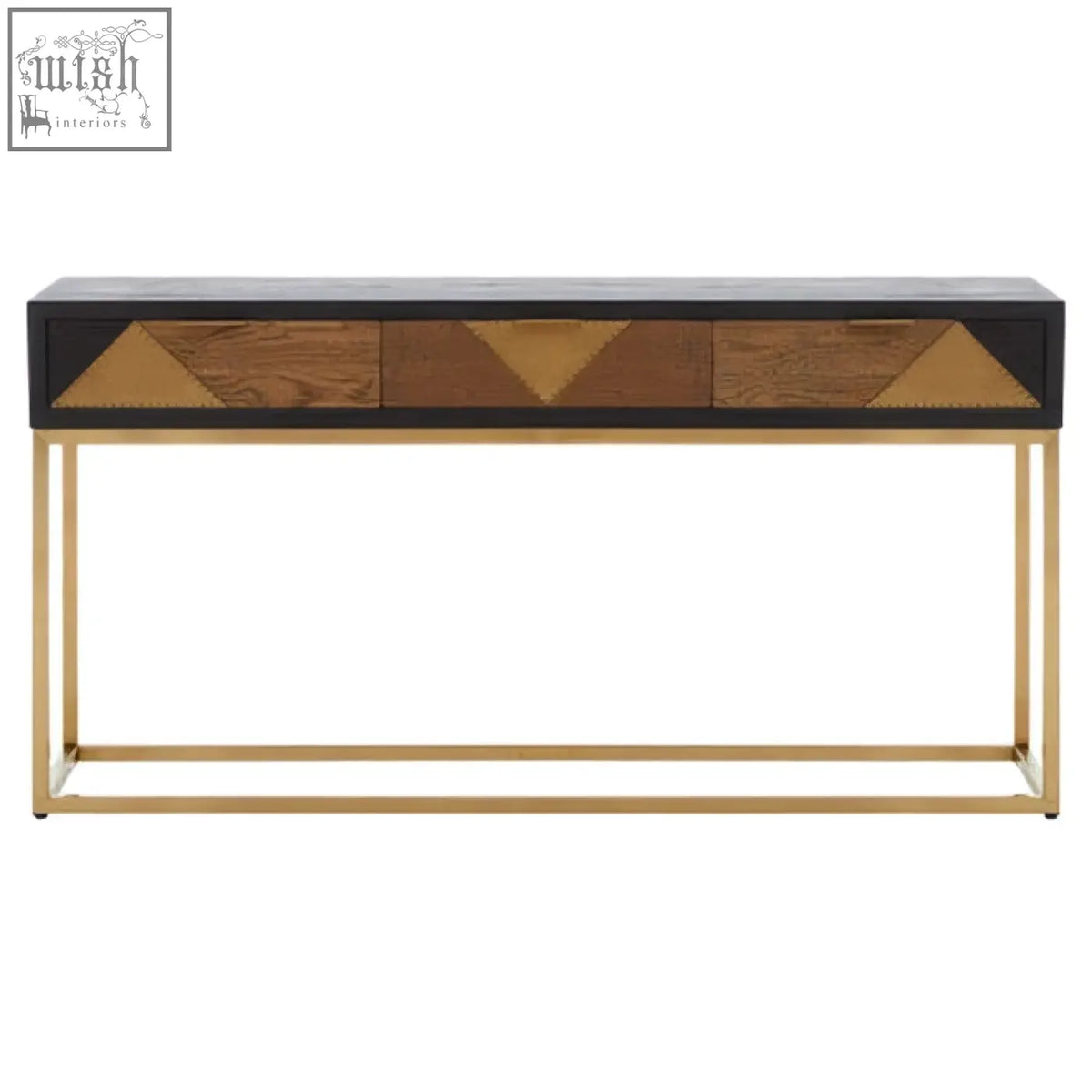 Siena console table with black top, gold console legs, and three drawers featuring geometric brass wood inlays
