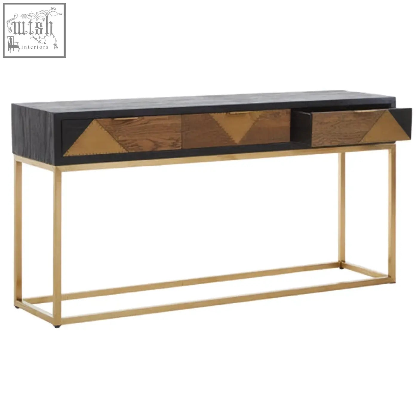 Siena console table with a black and wood-grain top featuring geometric brass inlays and slender gold console legs