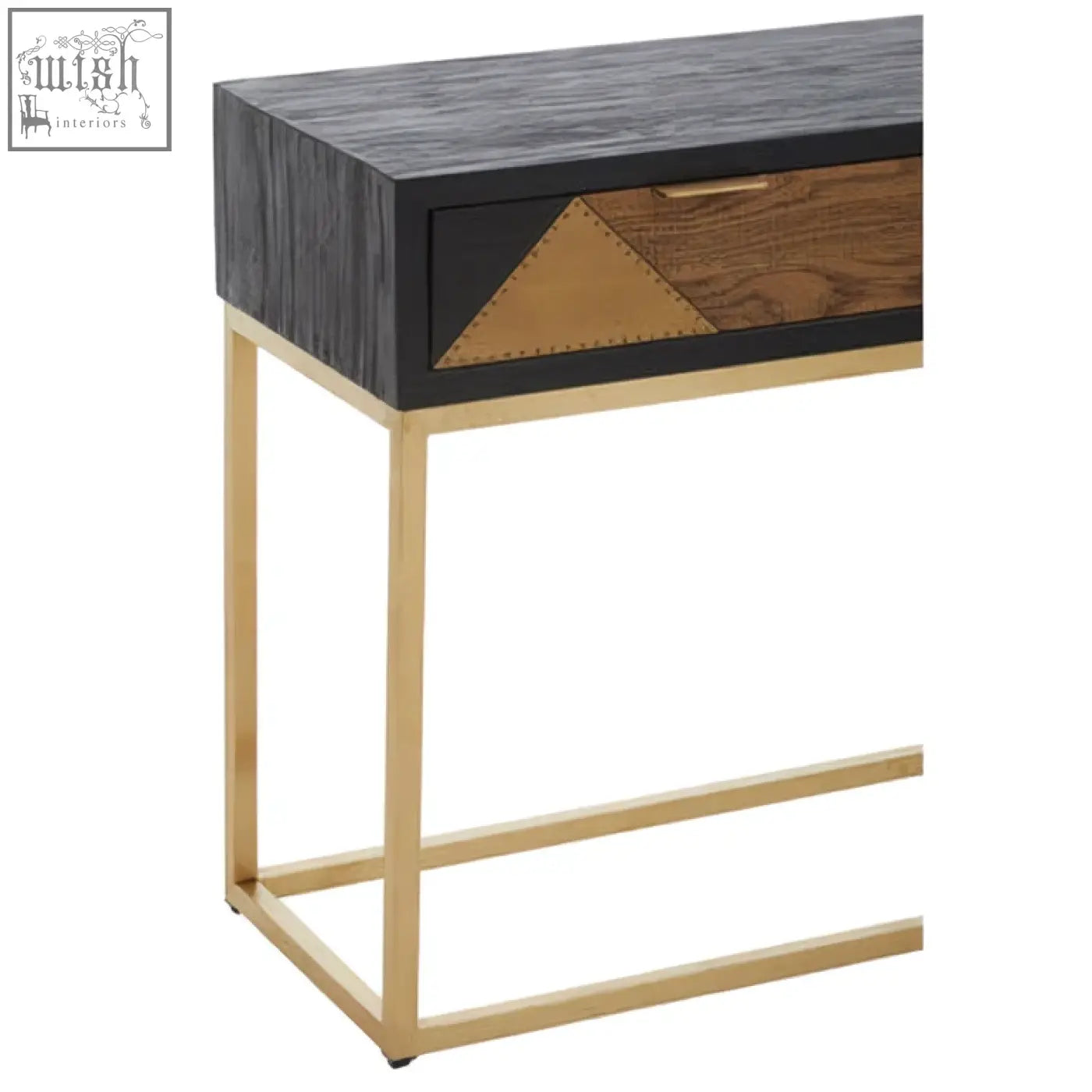 Siena console table with dark wood geometric brass inlay top and gold console metal legs for modern spaces