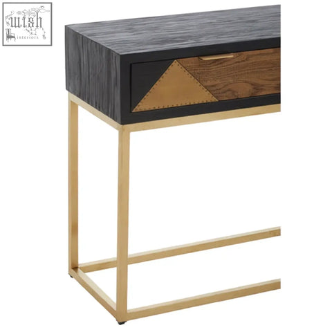 Siena console table with dark wood geometric brass inlay top and gold console metal legs for modern spaces
