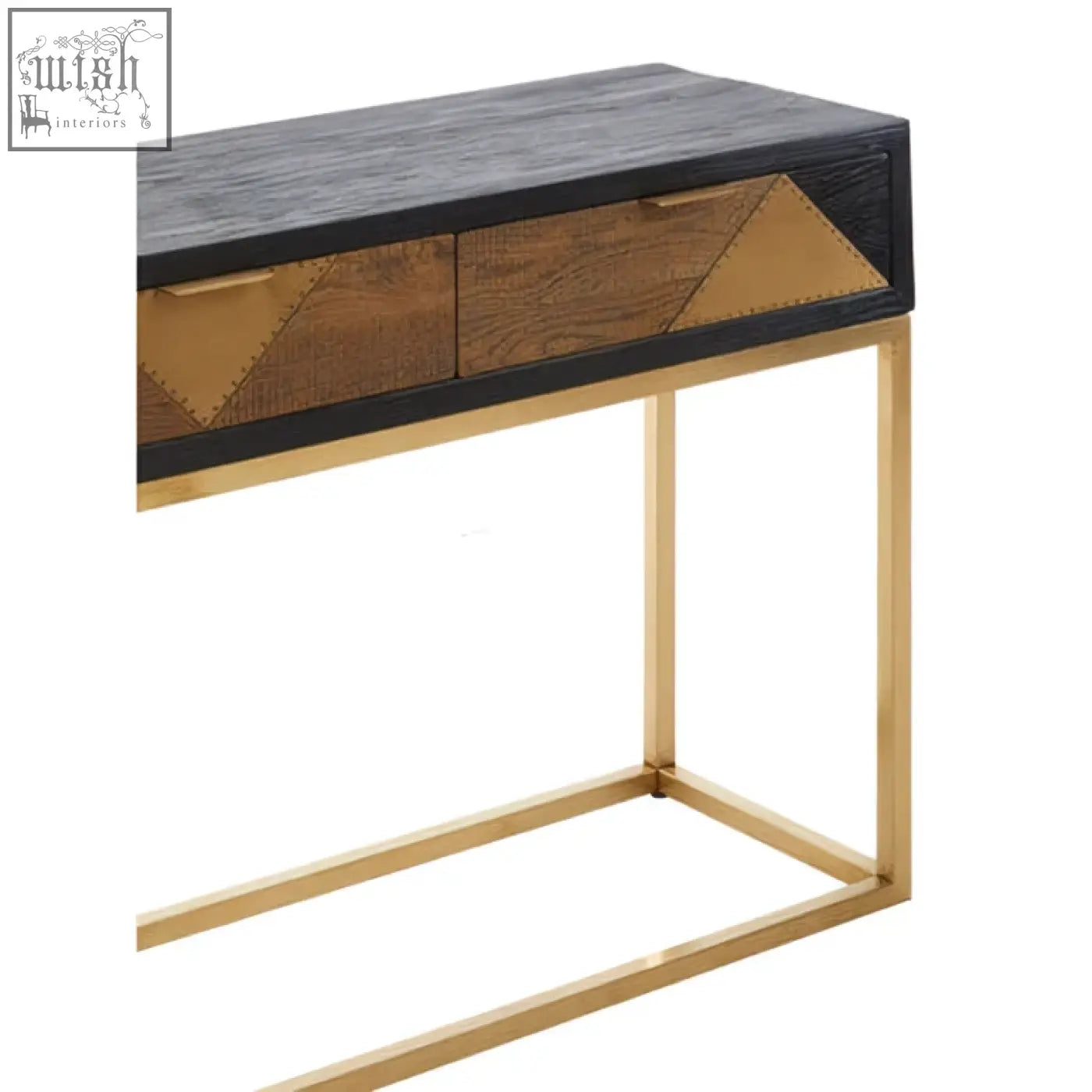 Siena console table with dark wood top gold console frame and geometric brass inlay drawers for stylish storage