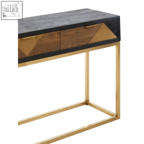 Siena console table with dark wood top gold console frame and geometric brass inlay drawers for stylish storage