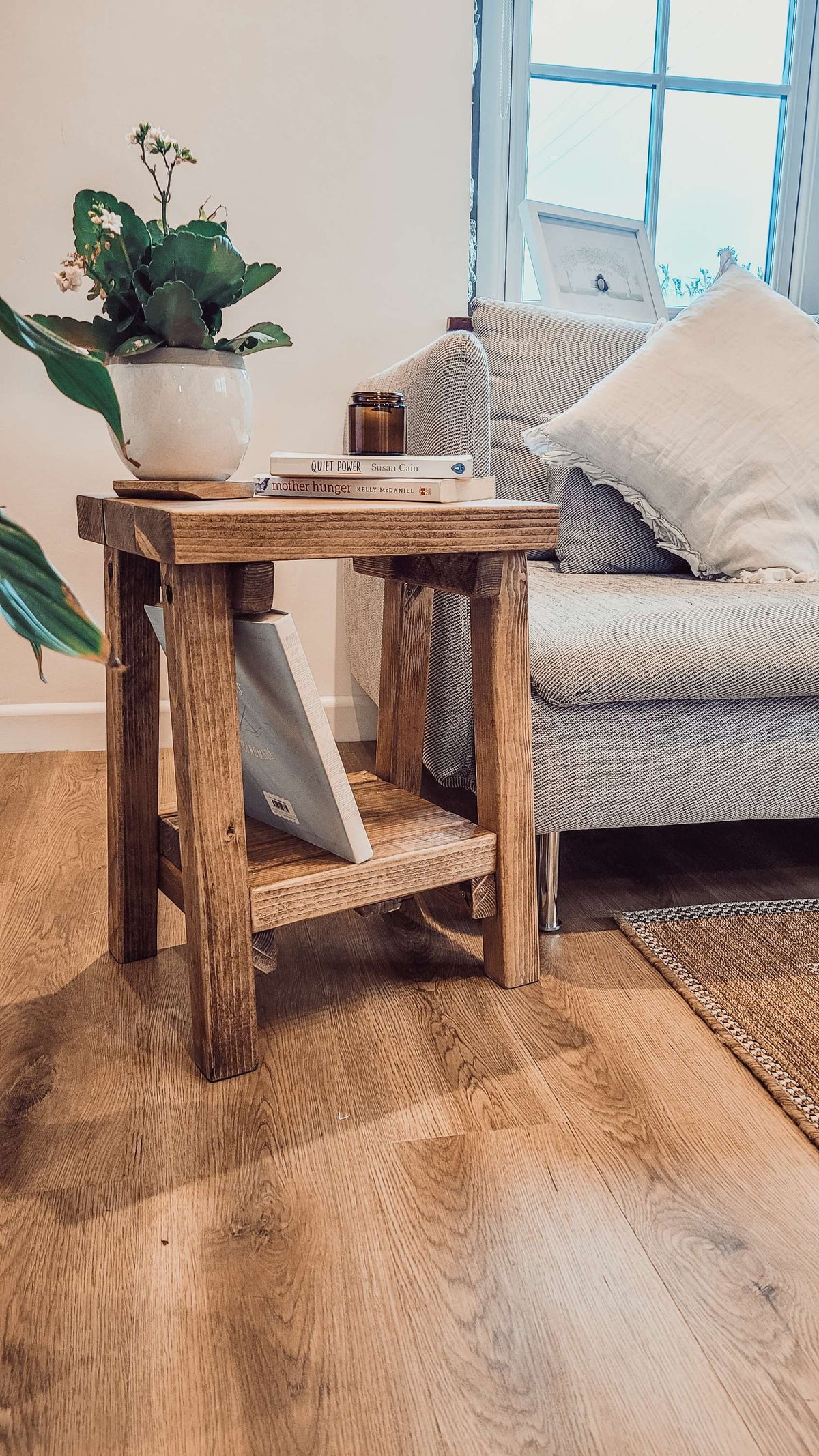 Rustic wooden siera side table with distressed finish and two shelves for extra storage l40cm