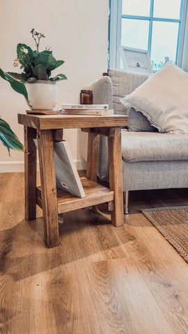 Rustic wooden siera side table with distressed finish and two shelves for extra storage l40cm