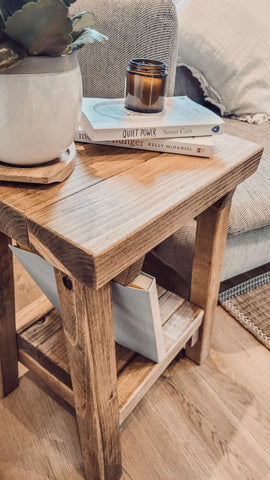Siera side table with storage is a rustic wooden end table with a weathered finish and open lower shelf