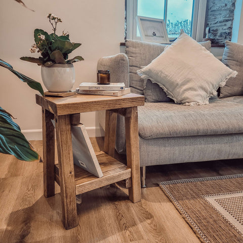 Rustic wooden siera side table with storage in natural wood grain finish and a lower shelf for extra space