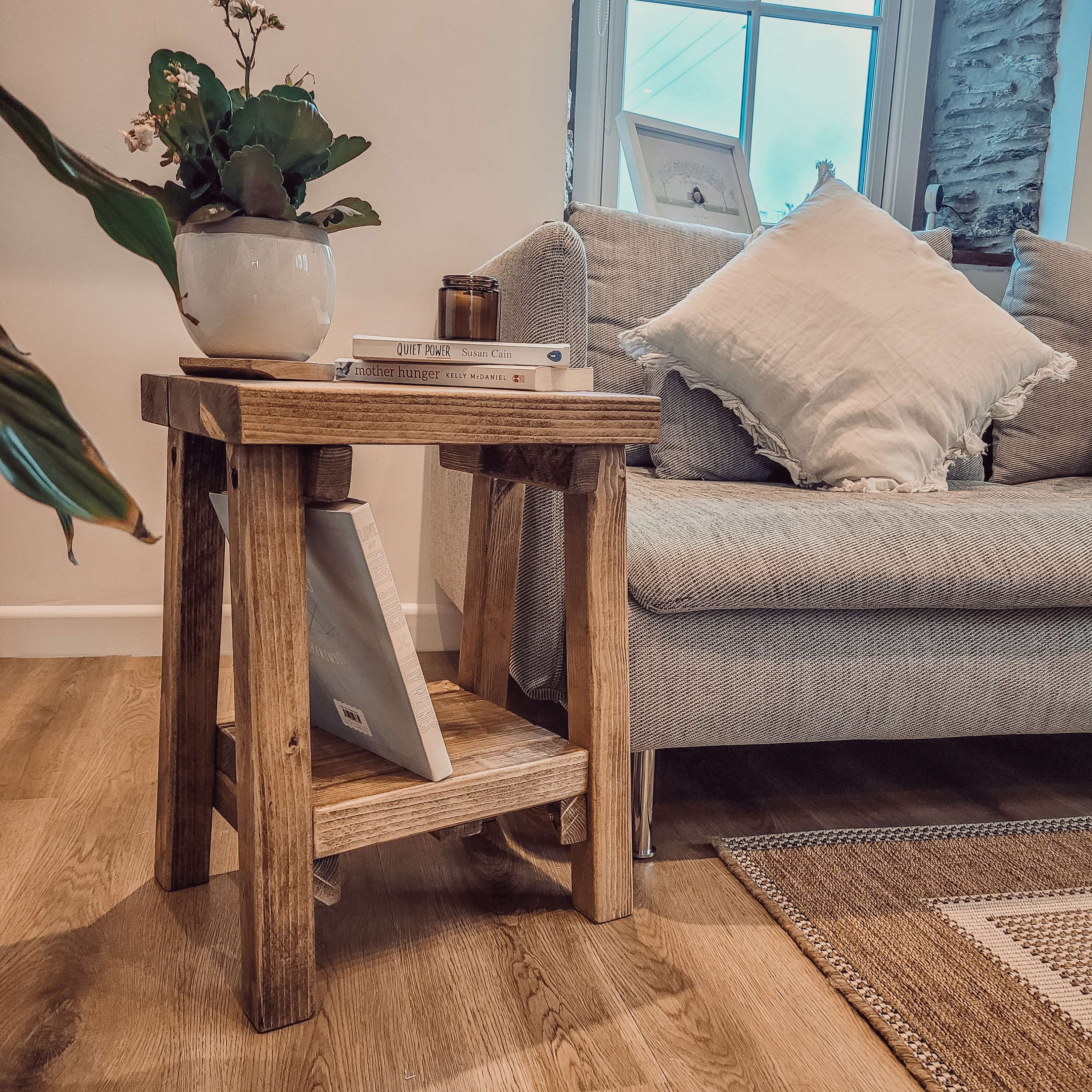 Rustic wooden siera side table with storage natural finish and sturdy thick legs perfect for living room use