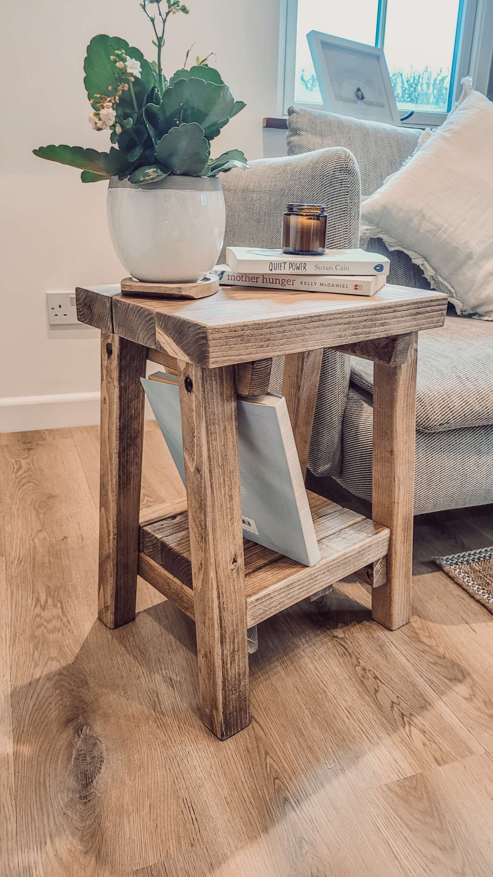 Siera side table with storage l40cm rustic wooden finish sturdy legs and open lower shelf for extra storage