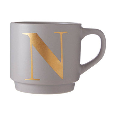 Gray ceramic monogram mug with a large metallic gold n on the side signet grey n monogram mug