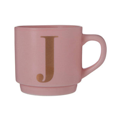 Pink ceramic signet pink monogram mug featuring a gold-colored letter j perfect for a pink j monogram gift