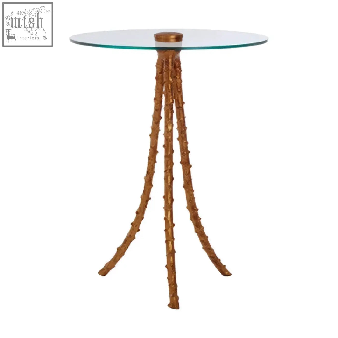 Sika large side table with a warm gold triple-leg base and a sleek round glass top perfect for living spaces