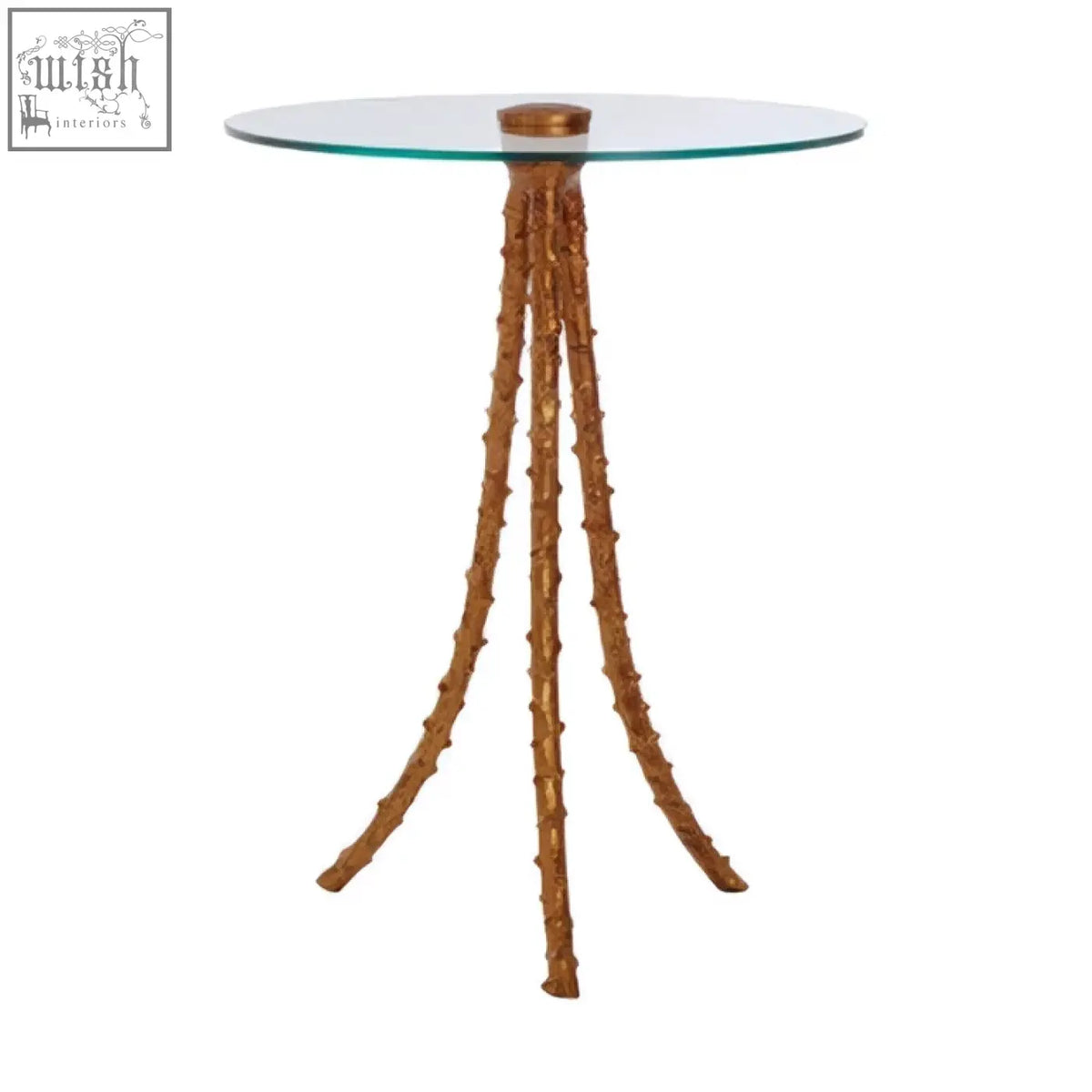 Sika large side table with a warm gold triple-leg base and a sleek round glass top perfect for living spaces
