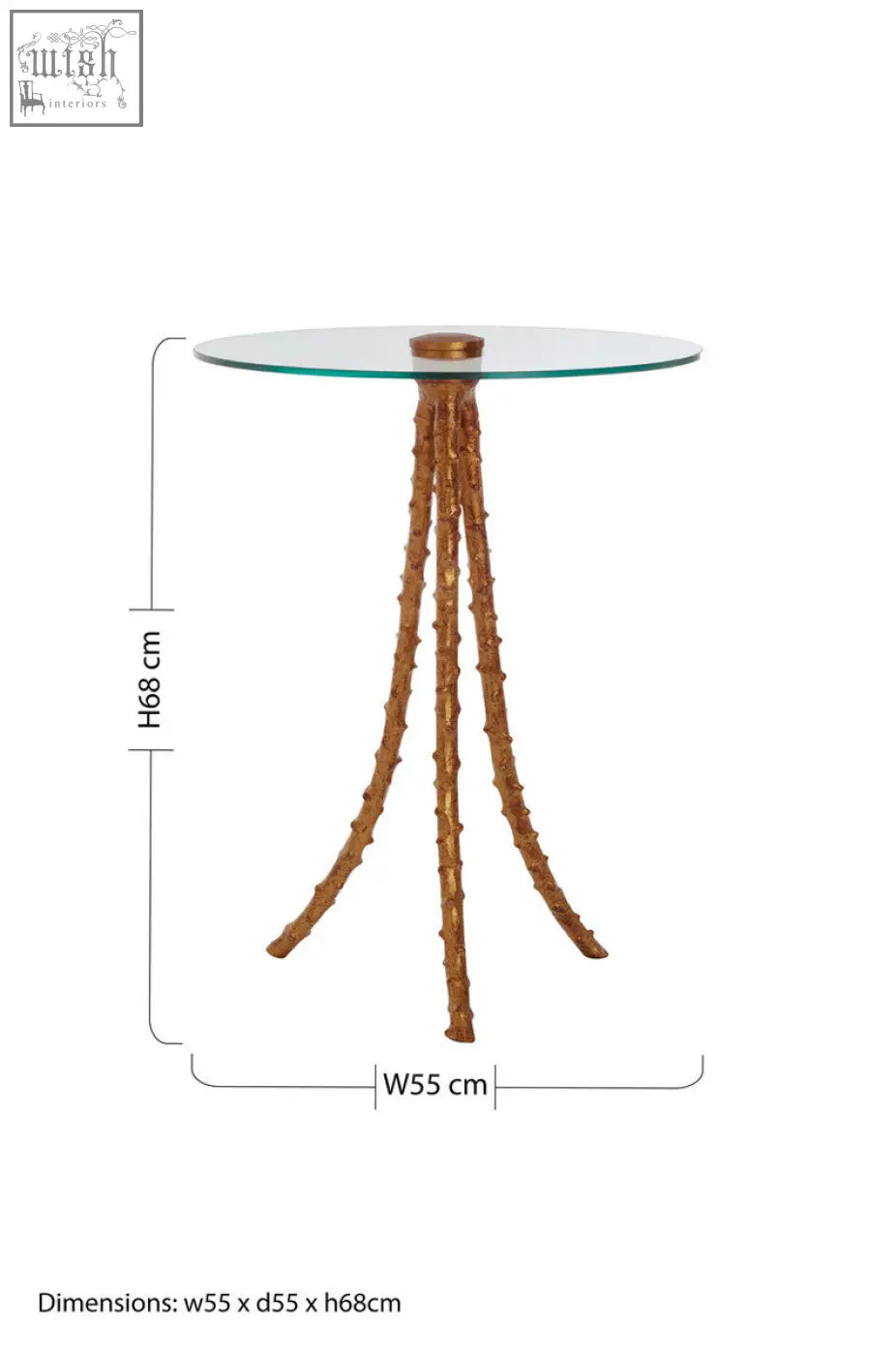 Sika large side table with warm gold finish and triple-leg base resembling twisted branches and clear glass top