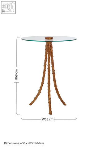 Sika large side table with warm gold finish and triple-leg base resembling twisted branches and clear glass top