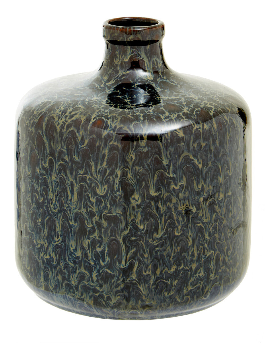 Silas dark blue bottle vase ceramic with glossy rounded body narrow neck and swirling dark brown olive green glaze pattern