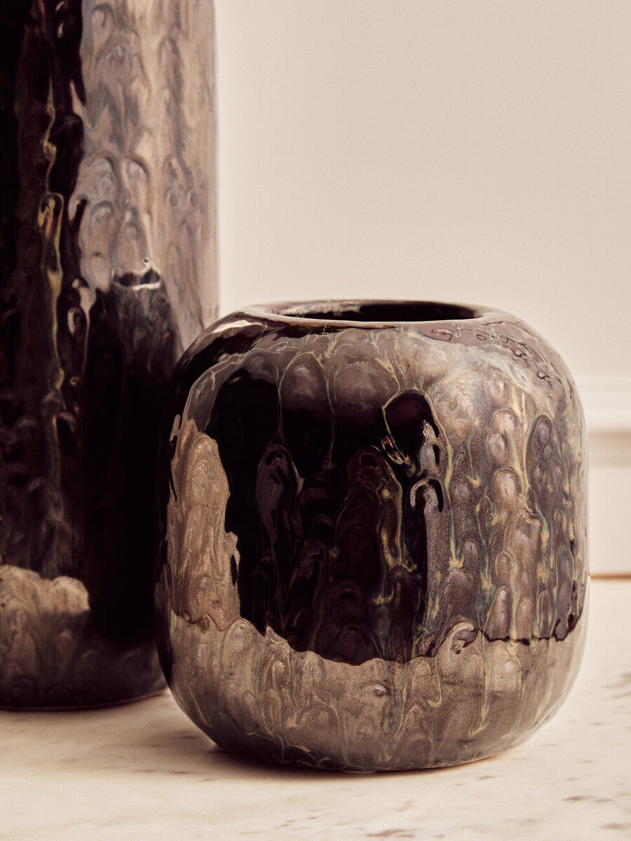 A glossy dark blue planter ceramic vase with a marbled surface and subtle gold accents called silas dark blue