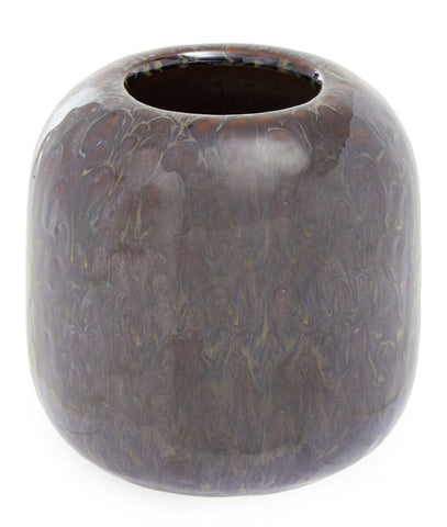 A glossy dark brown ceramic vase with marbled texture and rounded shape in the silas dark blue planter style