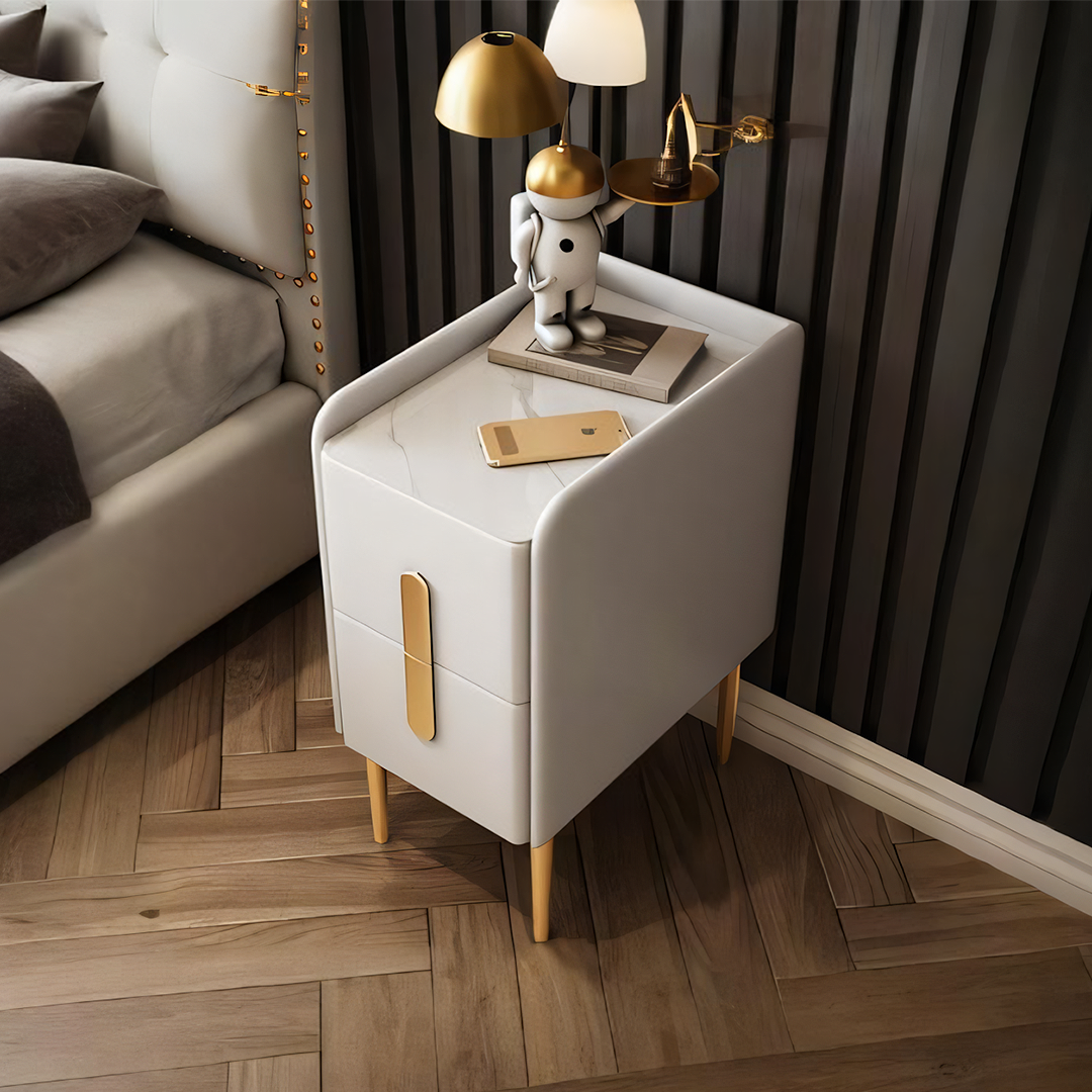 Silva bedside table white marble-effect nightstand with gold-tone legs and vertical handle multiple colors