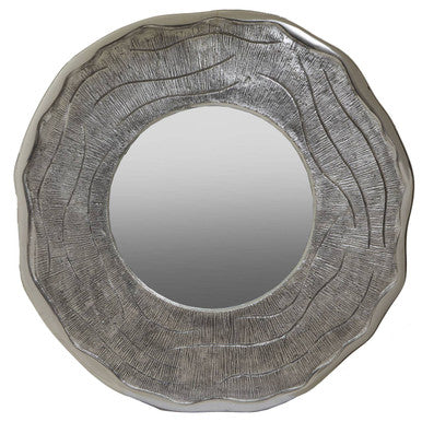 Silver circular wall mirror with large oak effect silver textured wood grain patterned frame